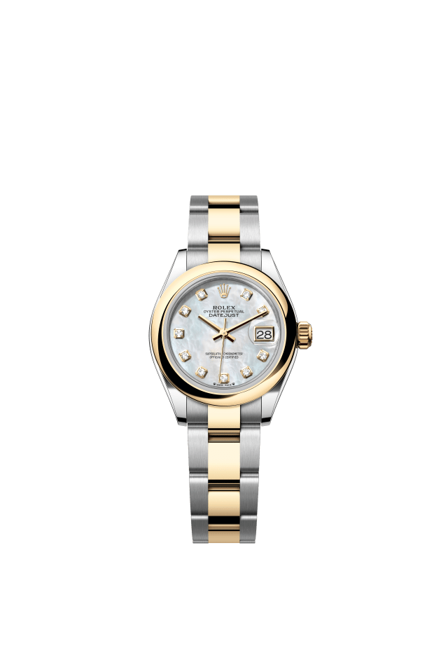 Rolex Lady-Datejust, Oyster, 28 mm, Oystersteel and yellow gold, white mother-of-pearl set with diamonds dial