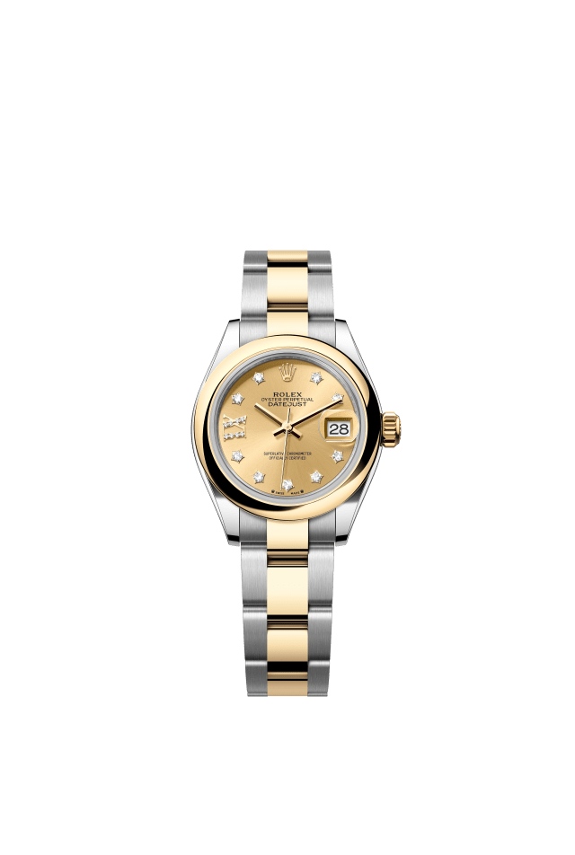 Rolex Lady-Datejust, Oyster, 28 mm, Oystersteel and yellow gold, champagne-colour set with diamonds dial