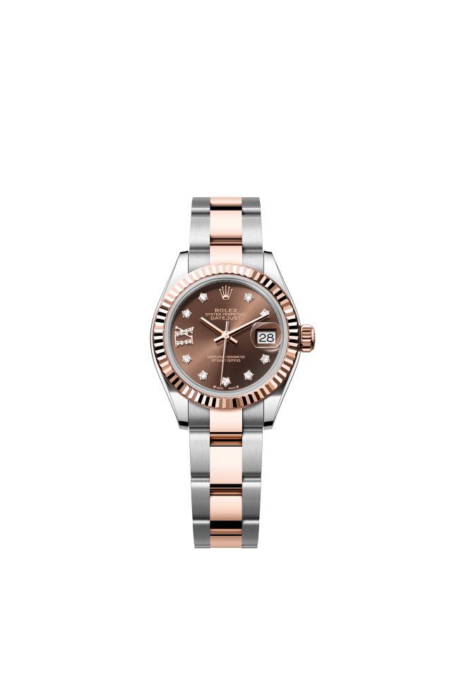 Rolex Lady-Datejust, Oyster, 28 mm, Oystersteel and Everose gold, chocolate set with diamonds dial
