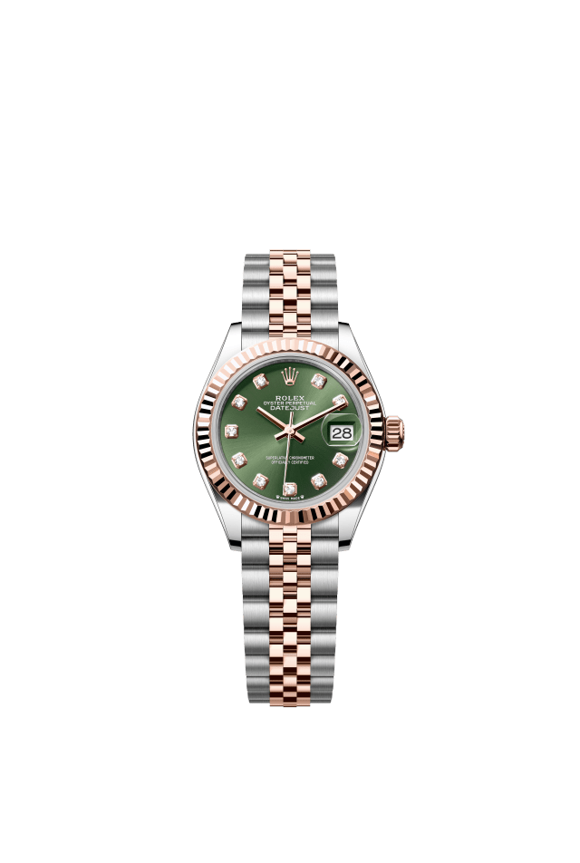 Rolex Lady-Datejust, Oyster, 28 mm, Oystersteel and Everose gold, olive green set with diamonds dial