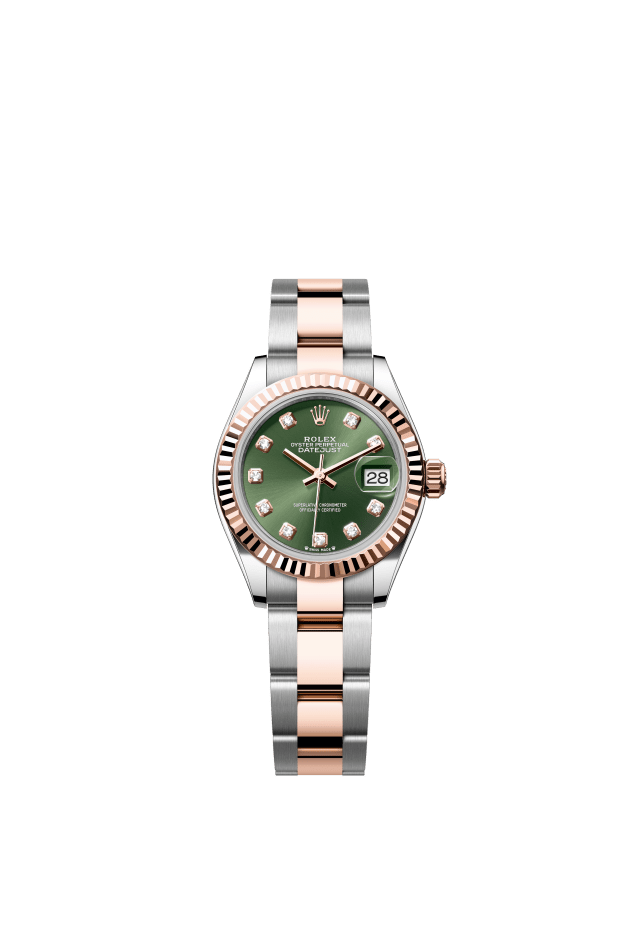 Rolex Lady-Datejust, Oyster, 28 mm, Oystersteel and Everose gold, olive green set with diamonds dial