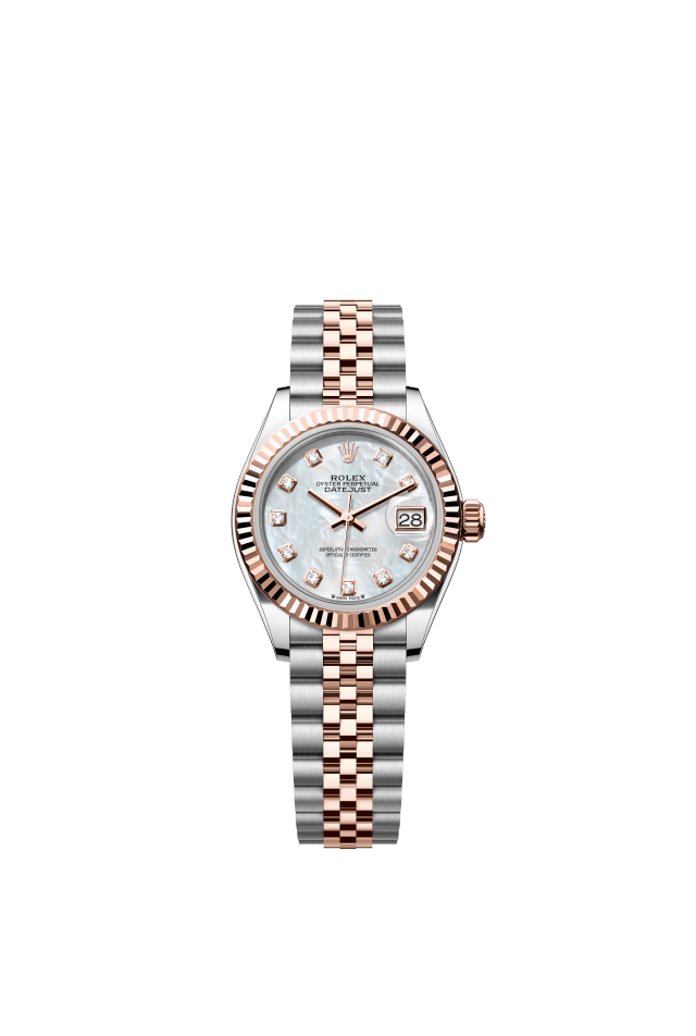 Rolex Lady-Datejust, Oyster, 28 mm, Oystersteel and Everose gold, white mother-of-pearl set with diamonds dial