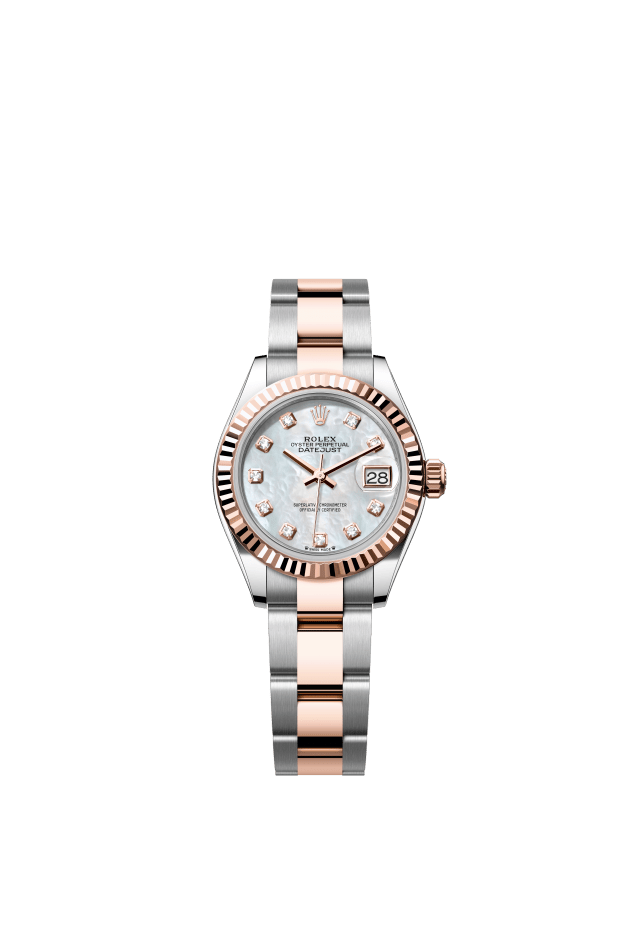 Rolex Lady-Datejust, Oyster, 28 mm, Oystersteel and Everose gold, white mother-of-pearl set with diamonds dial