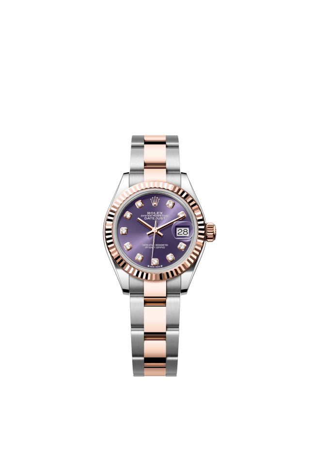 Rolex Lady-Datejust, Oyster, 28 mm, Oystersteel and Everose gold, aubergine set with diamonds dial