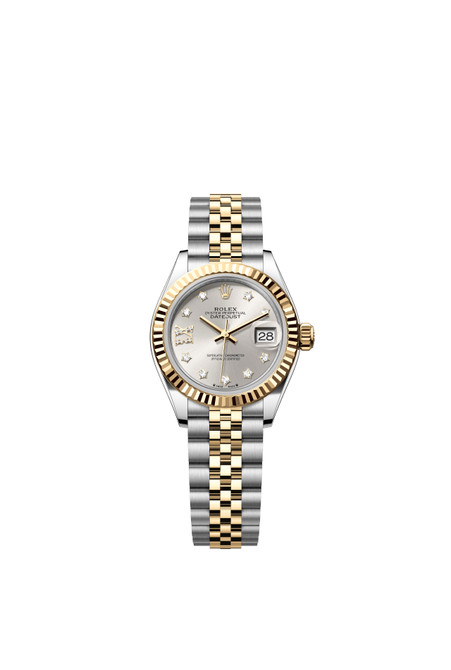Rolex Lady-Datejust, Oyster, 28 mm, Oystersteel and yellow gold, silver set with diamonds dial