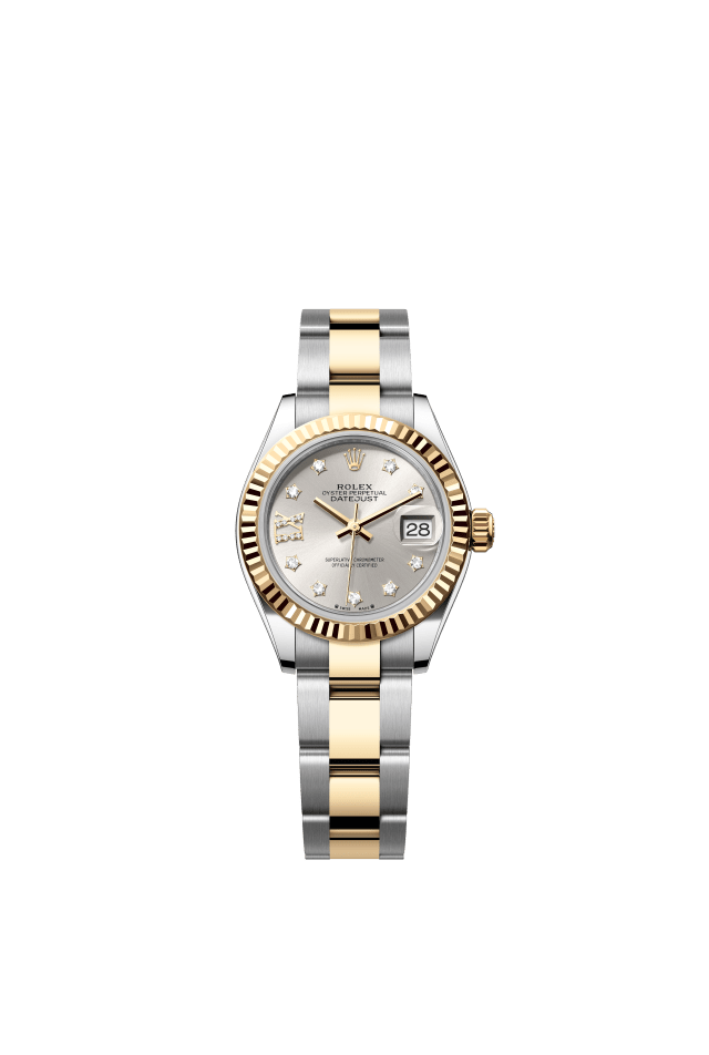 Rolex Lady-Datejust, Oyster, 28 mm, Oystersteel and yellow gold, silver set with diamonds dial
