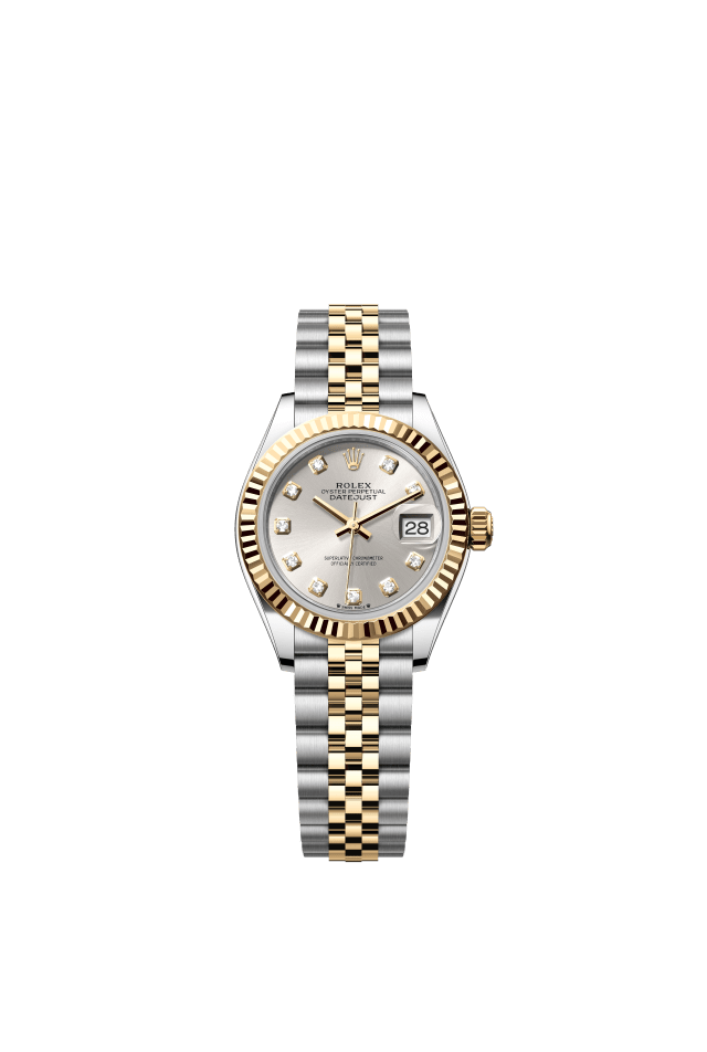 Rolex Lady-Datejust, Oyster, 28 mm, Oystersteel and yellow gold, silver set with diamonds dial