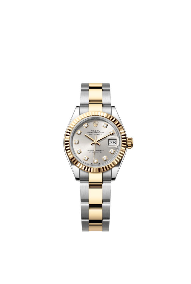 Rolex Lady-Datejust, Oyster, 28 mm, Oystersteel and yellow gold, silver set with diamonds dial