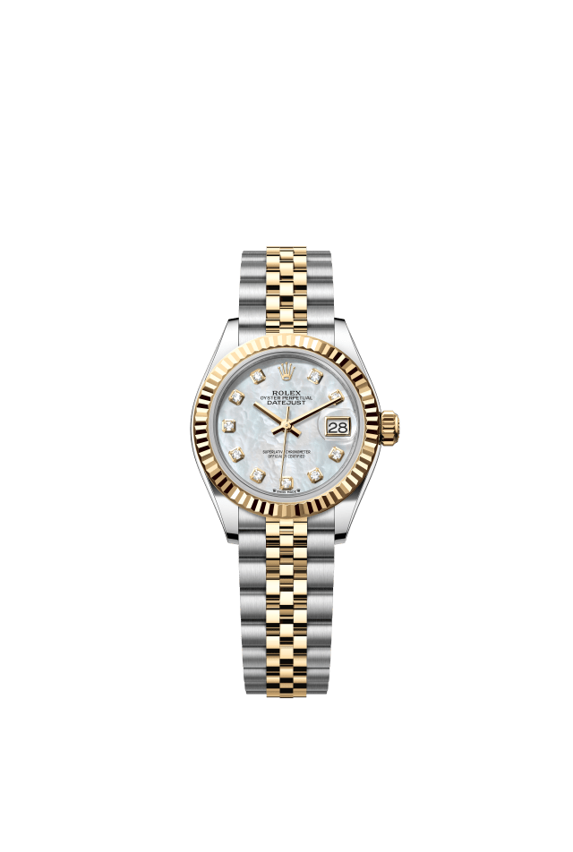 Rolex Lady-Datejust, Oyster, 28 mm, Oystersteel and yellow gold, white mother-of-pearl set with diamonds dial