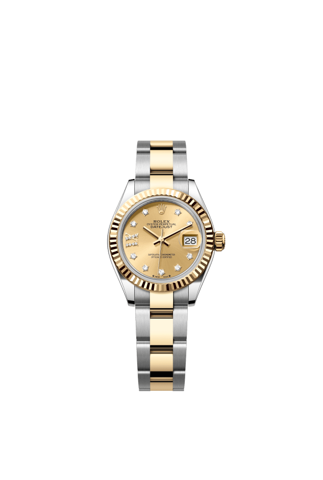 Rolex Lady-Datejust, Oyster, 28 mm, Oystersteel and yellow gold, champagne-colour set with diamonds dial