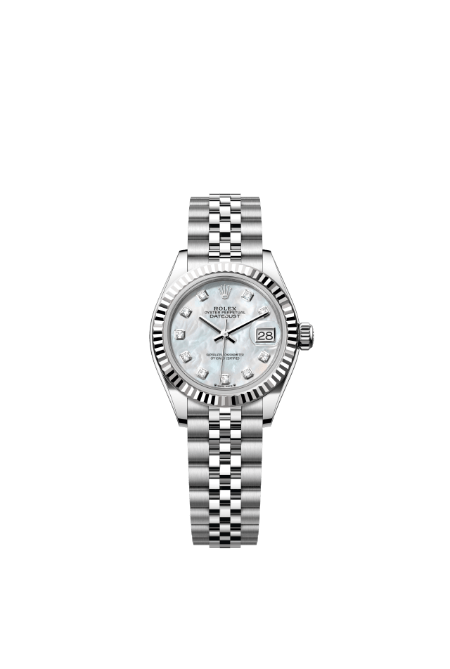 Rolex Lady-Datejust, Oyster, 28 mm, Oystersteel and white gold, white mother-of-pearl set with diamonds dial