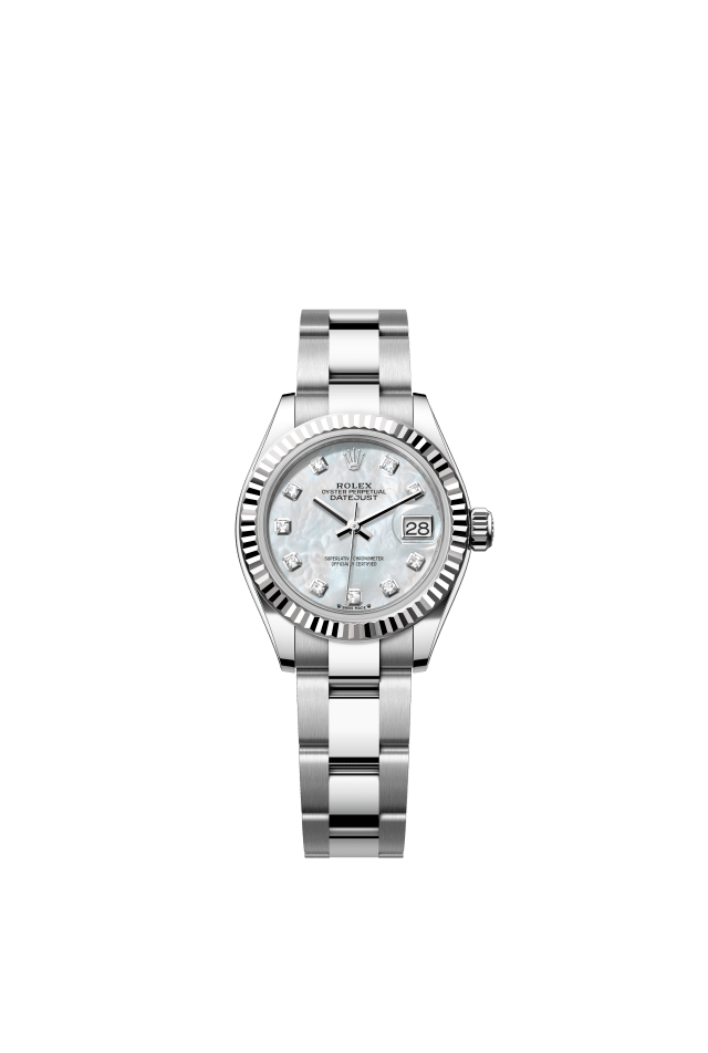 Rolex Lady-Datejust, Oyster, 28 mm, Oystersteel and white gold, white mother-of-pearl set with diamonds dial