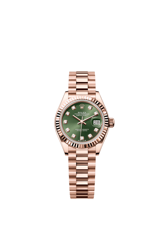 Rolex Lady-Datejust, Oyster, 28 mm, Everose gold, olive green set with diamonds dial