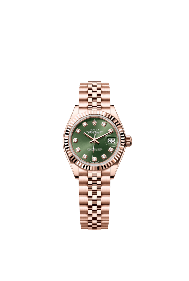 Rolex Lady-Datejust, Oyster, 28 mm, Everose gold, olive green set with diamonds dial