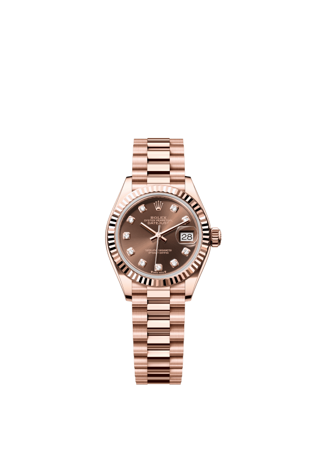 Rolex Lady-Datejust, Oyster, 28 mm, Everose gold, chocolate set with diamonds dial
