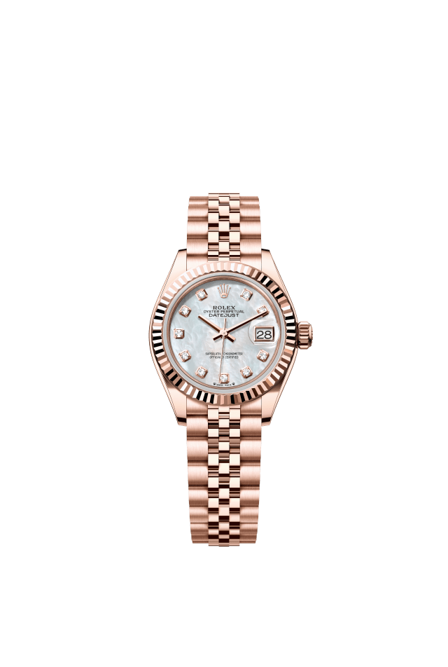 Rolex Lady-Datejust, Oyster, 28 mm, Everose gold, white mother-of-pearl set with diamonds dial