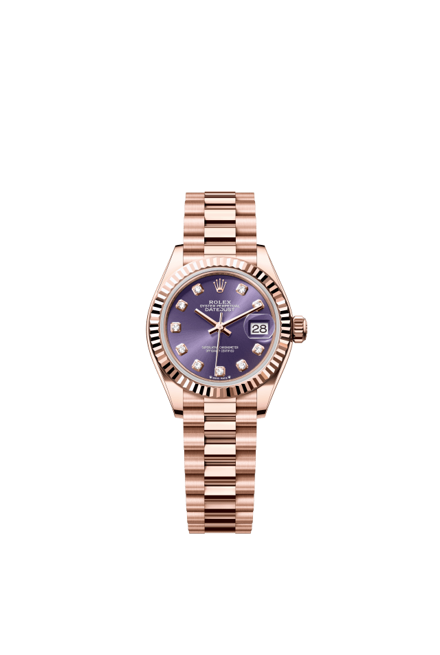 Rolex Lady-Datejust, Oyster, 28 mm, Everose gold, aubergine set with diamonds dial