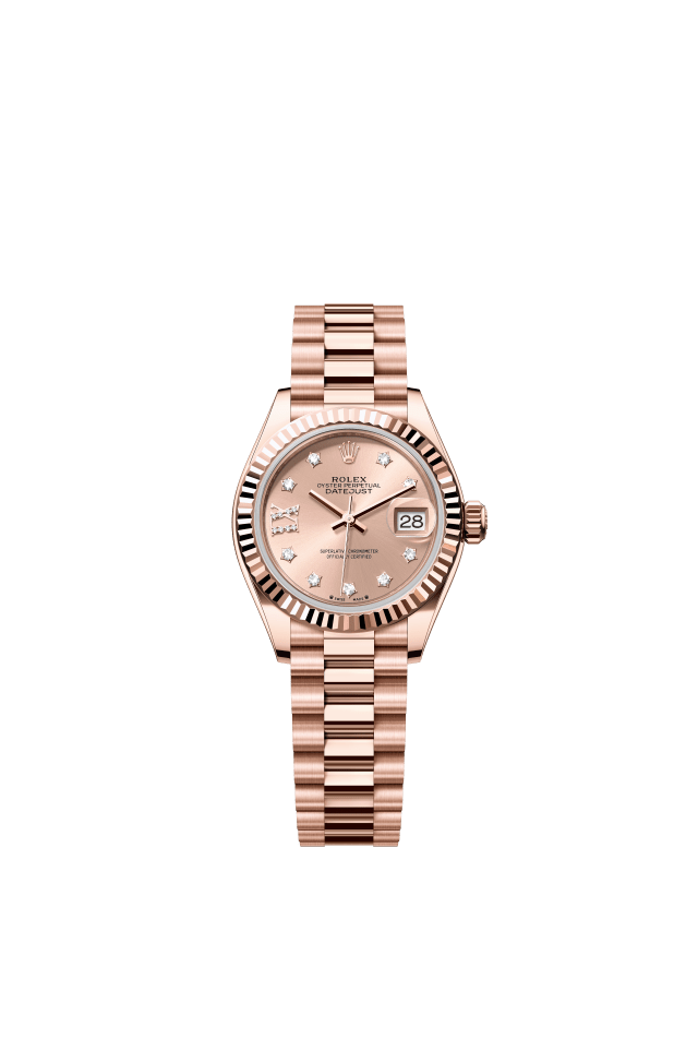 Rolex Lady-Datejust, Oyster, 28 mm, Everose gold, rosé-colour set with diamonds dial