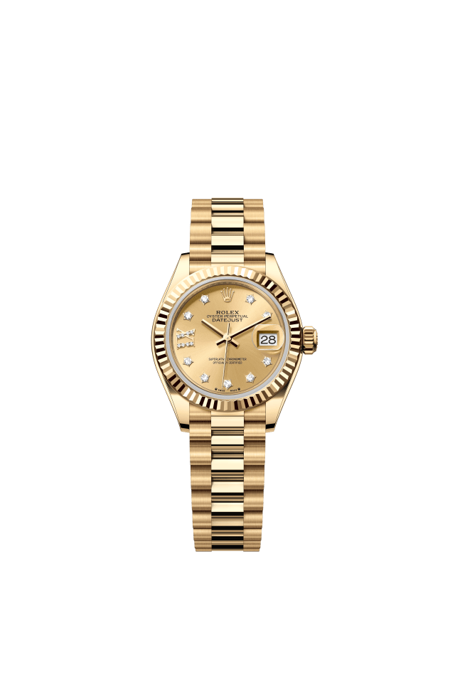 Rolex Lady-Datejust, Oyster, 28 mm, yellow gold, champagne-colour set with diamonds dial