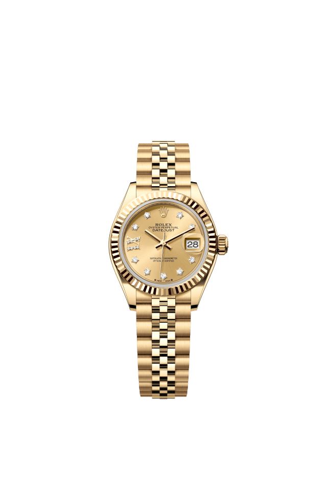 Rolex Lady-Datejust, Oyster, 28 mm, yellow gold, champagne-colour set with diamonds dial