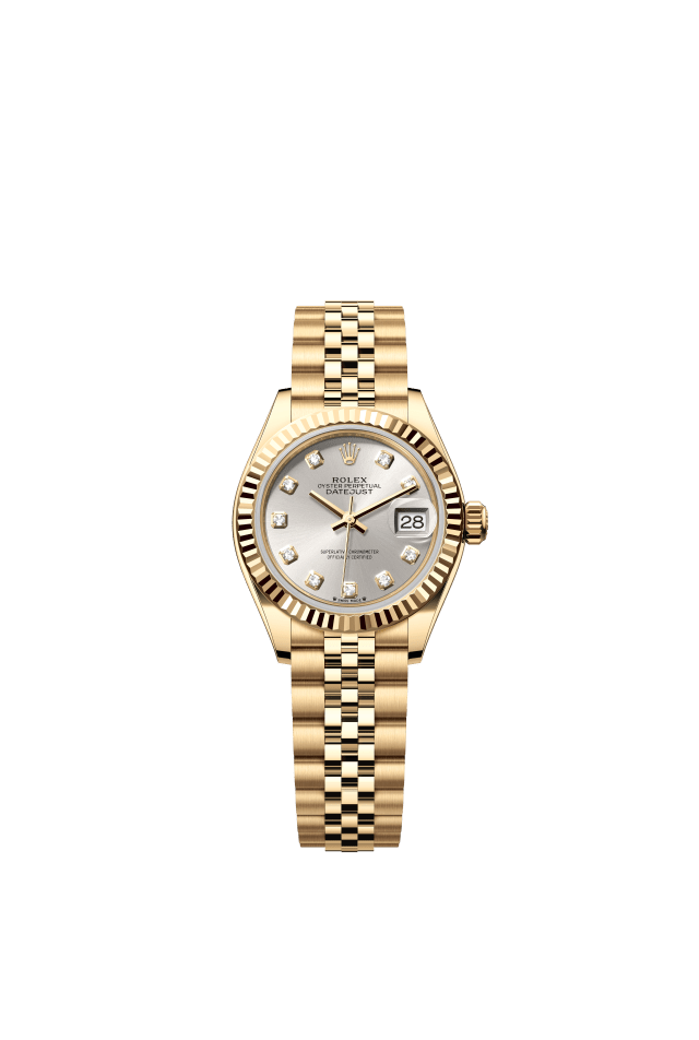 Rolex Lady-Datejust, Oyster, 28 mm, yellow gold, silver set with diamonds dial