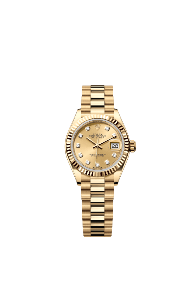 Rolex Lady-Datejust, Oyster, 28 mm, yellow gold, champagne-colour set with diamonds dial