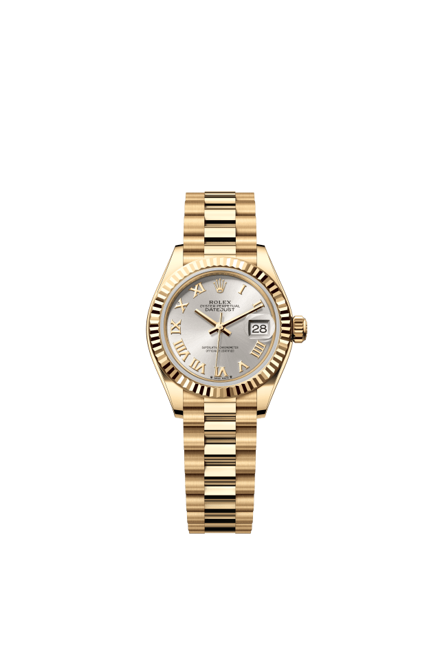 Rolex Lady-Datejust, Oyster, 28 mm, yellow gold, silver dial