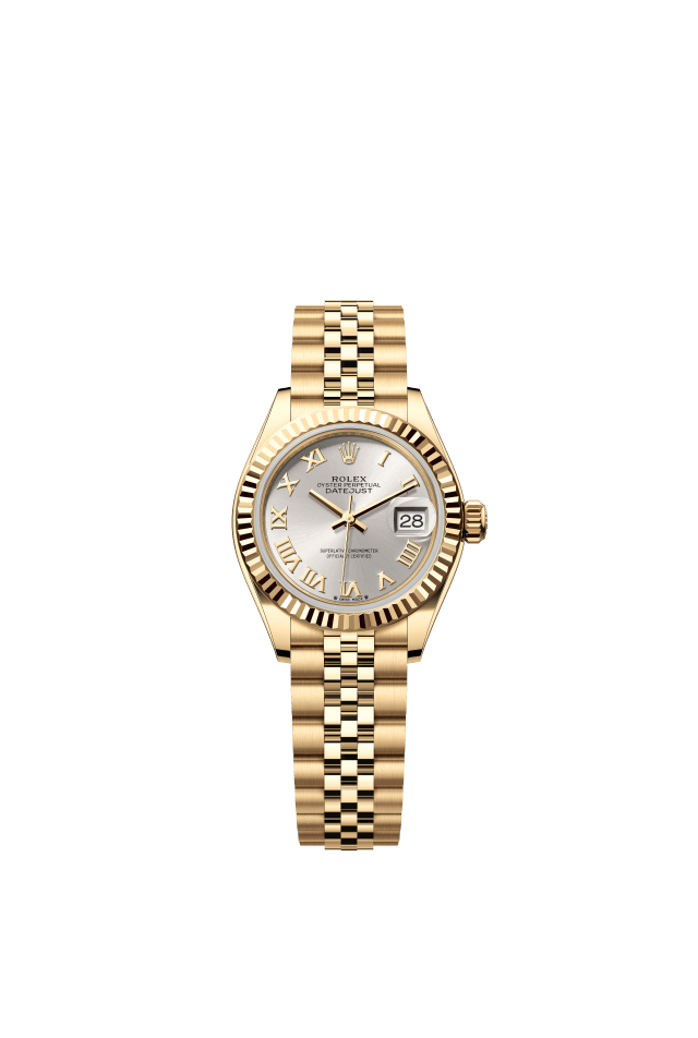 Rolex Lady-Datejust, Oyster, 28 mm, yellow gold, silver dial