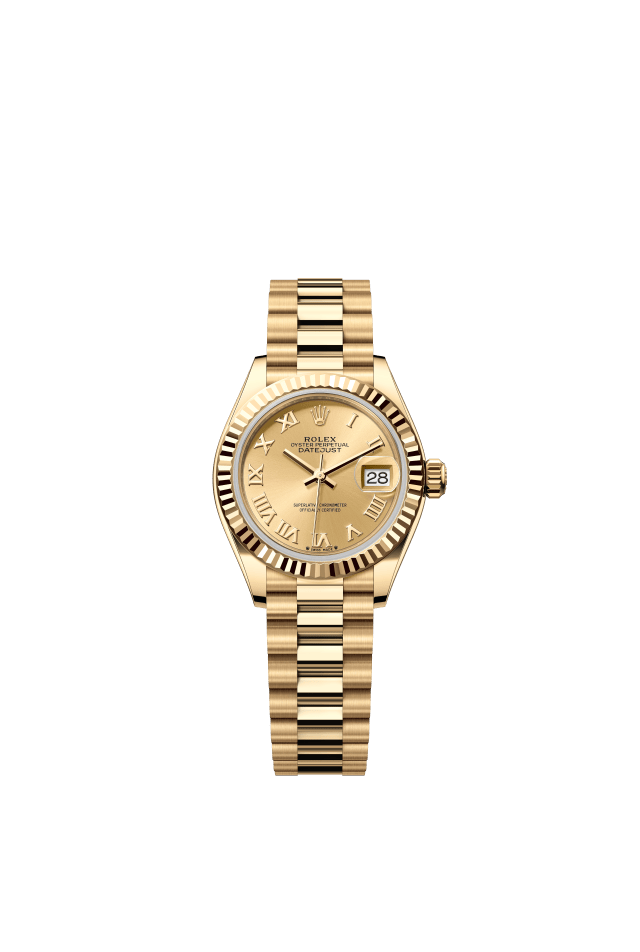Rolex Lady-Datejust, Oyster, 28 mm, yellow gold, champagne-colour dial