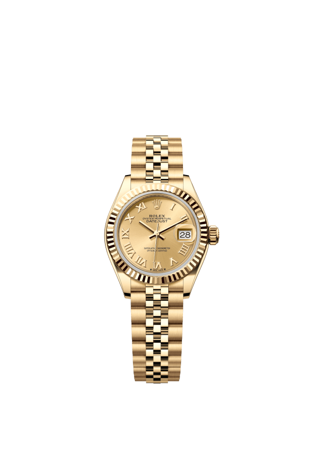 Rolex Lady-Datejust, Oyster, 28 mm, yellow gold, champagne-colour dial