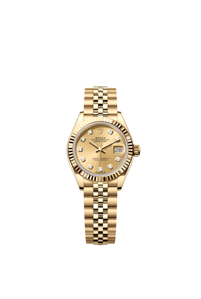 Rolex Lady-Datejust, Oyster, 28 mm, yellow gold, champagne-colour set with diamonds dial