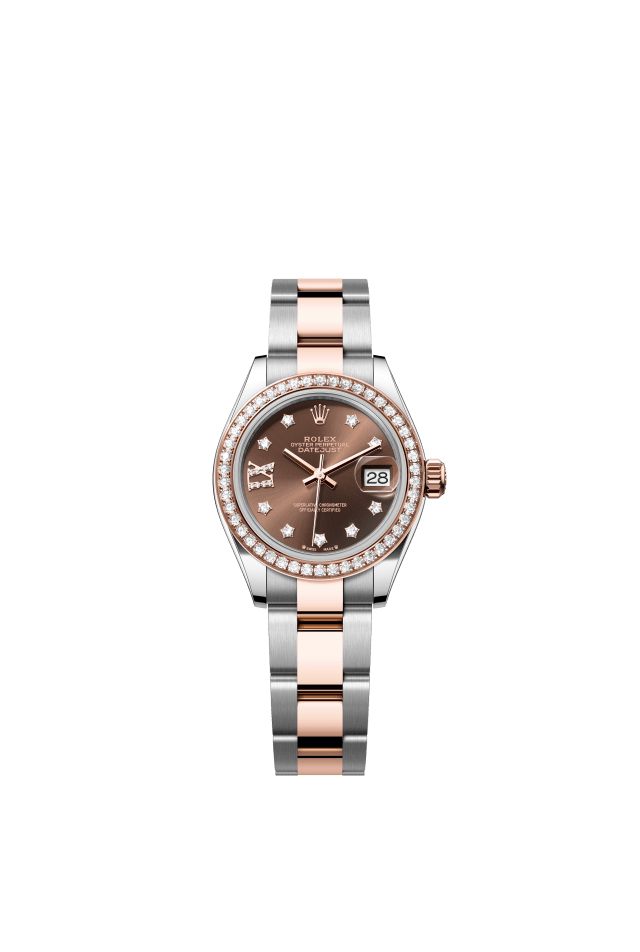 Rolex Lady-Datejust, Oyster, 28 mm, Oystersteel, Everose gold and diamonds, chocolate set with diamonds dial