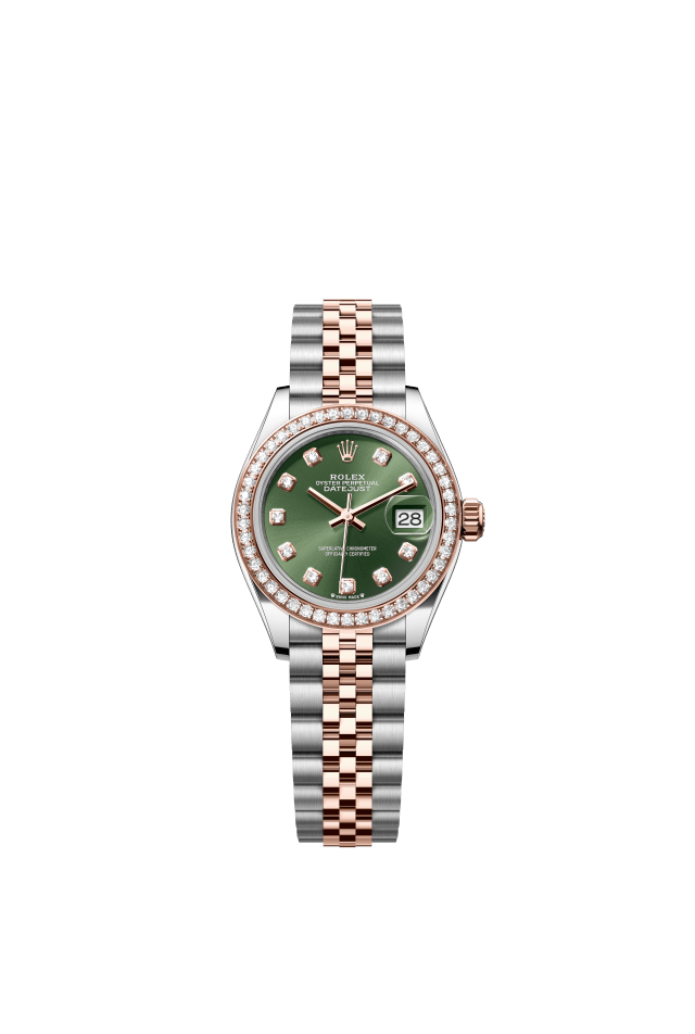 Rolex Lady-Datejust, Oyster, 28 mm, Oystersteel, Everose gold and diamonds, olive green set with diamonds dial