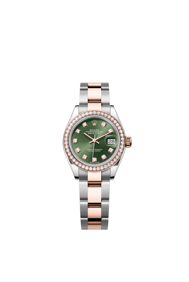 Rolex Lady-Datejust, Oyster, 28 mm, Oystersteel, Everose gold and diamonds, olive green set with diamonds dial