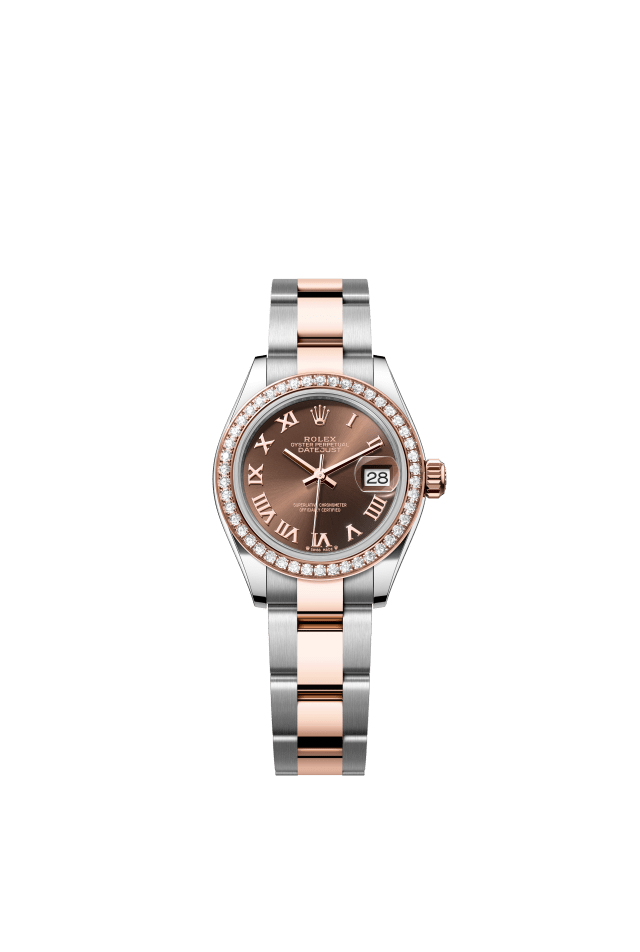 Rolex Lady-Datejust, Oyster, 28 mm, Oystersteel, Everose gold and diamonds, chocolate dial