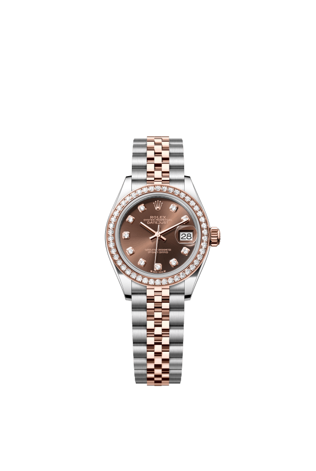 Rolex Lady-Datejust, Oyster, 28 mm, Oystersteel, Everose gold and diamonds, chocolate set with diamonds dial