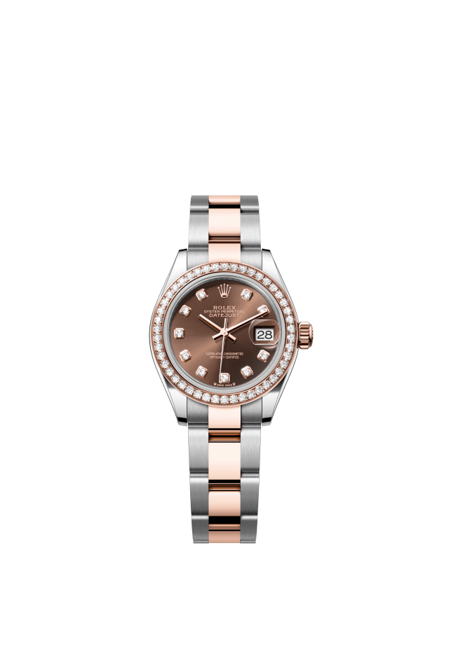 Rolex Lady-Datejust, Oyster, 28 mm, Oystersteel, Everose gold and diamonds, chocolate set with diamonds dial