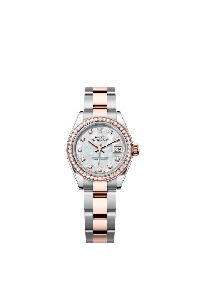 Rolex Lady-Datejust, Oyster, 28 mm, Oystersteel, Everose gold and diamonds, white mother-of-pearl set with diamonds dial
