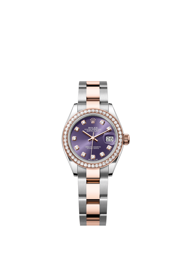 Rolex Lady-Datejust, Oyster, 28 mm, Oystersteel, Everose gold and diamonds, aubergine set with diamonds dial