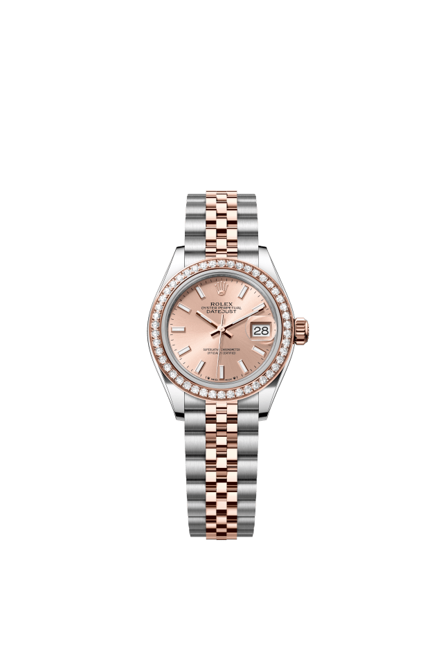 Rolex Lady-Datejust, Oyster, 28 mm, Oystersteel, Everose gold and diamonds, rosé-colour dial