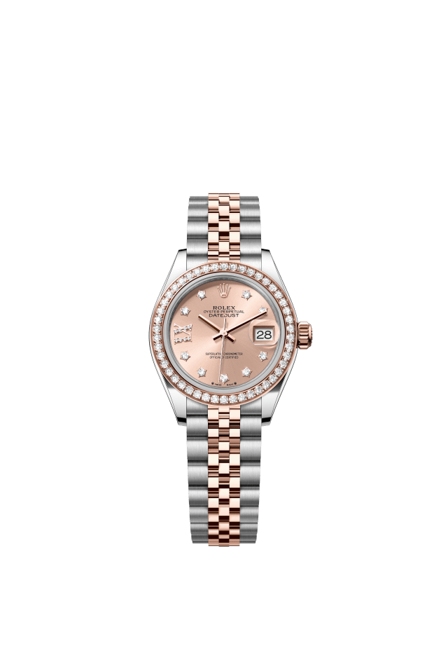 Rolex Lady-Datejust, Oyster, 28 mm, Oystersteel, Everose gold and diamonds, rosé-colour set with diamonds dial