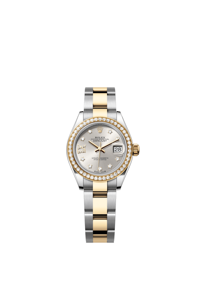 Rolex Lady-Datejust, Oyster, 28 mm, Oystersteel, yellow gold and diamonds, silver set with diamonds dial