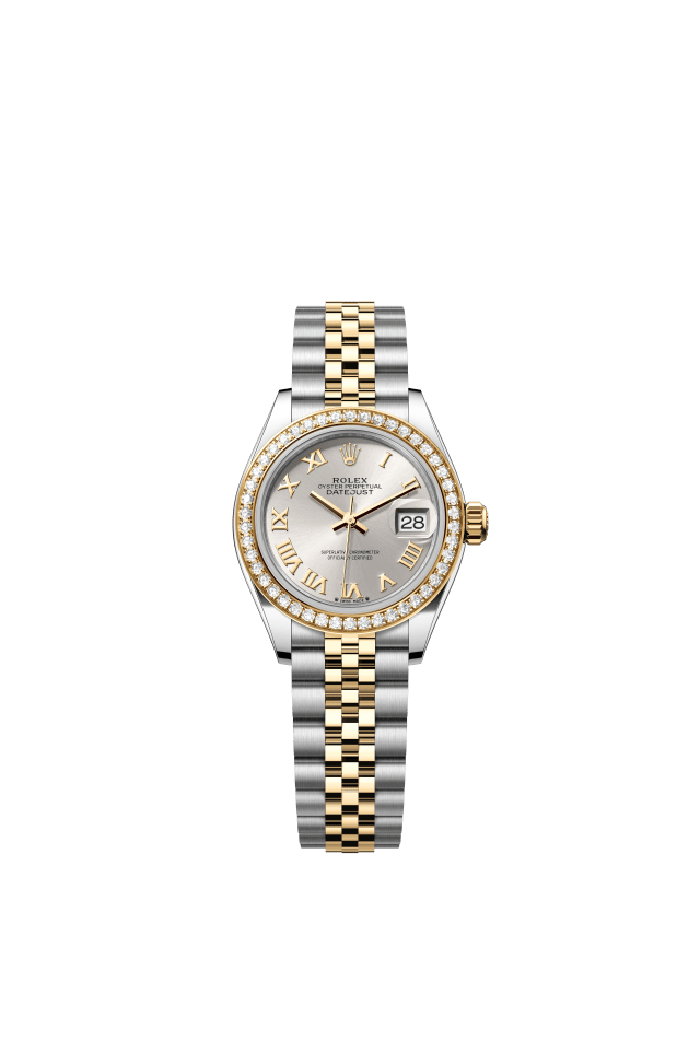 Rolex Lady-Datejust, Oyster, 28 mm, Oystersteel, yellow gold and diamonds, silver dial