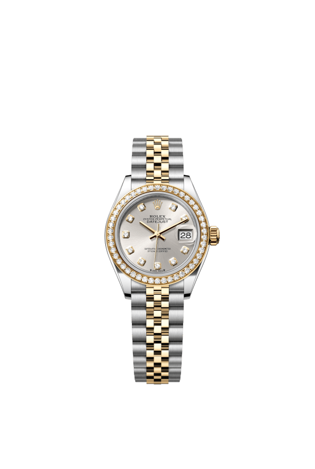 Rolex Lady-Datejust, Oyster, 28 mm, Oystersteel, yellow gold and diamonds, silver set with diamonds dial