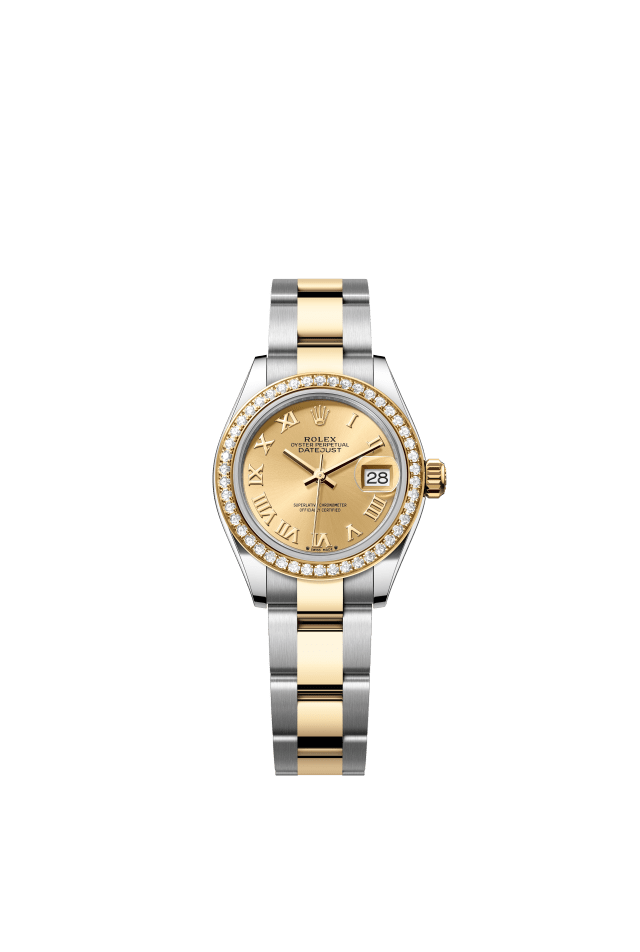 Rolex Lady-Datejust, Oyster, 28 mm, Oystersteel, yellow gold and diamonds, champagne-colour dial