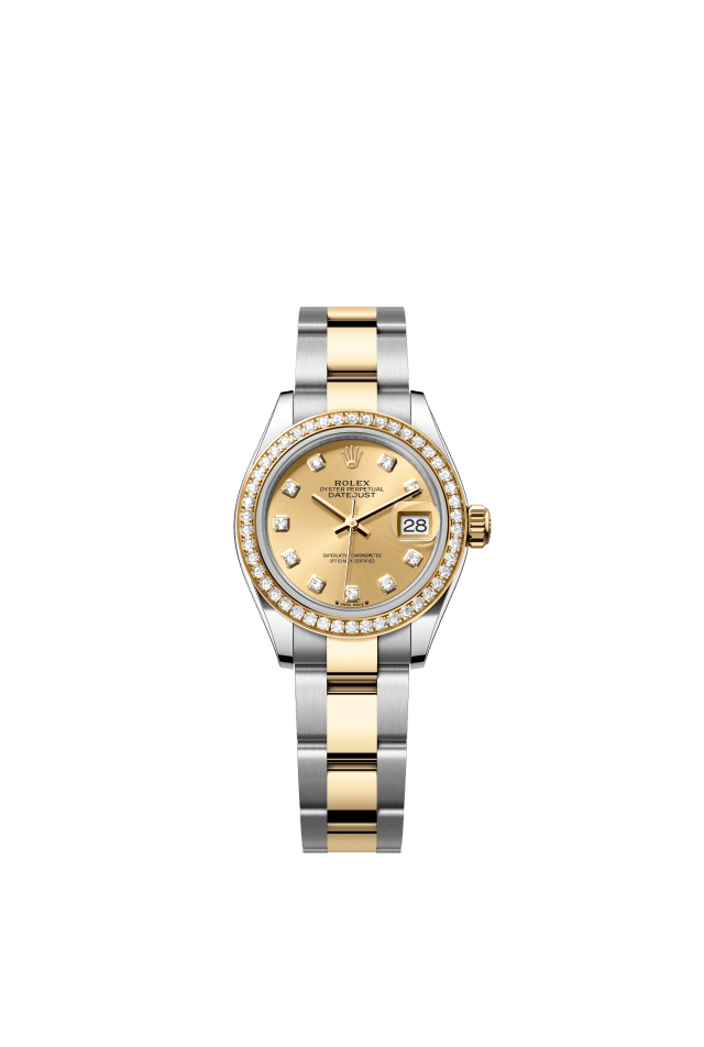 Rolex Lady-Datejust, Oyster, 28 mm, Oystersteel, yellow gold and diamonds, champagne-colour set with diamonds dial