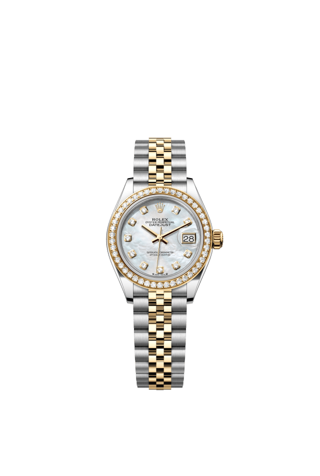 Rolex Lady-Datejust, Oyster, 28 mm, Oystersteel, yellow gold and diamonds, white mother-of-pearl set with diamonds dial