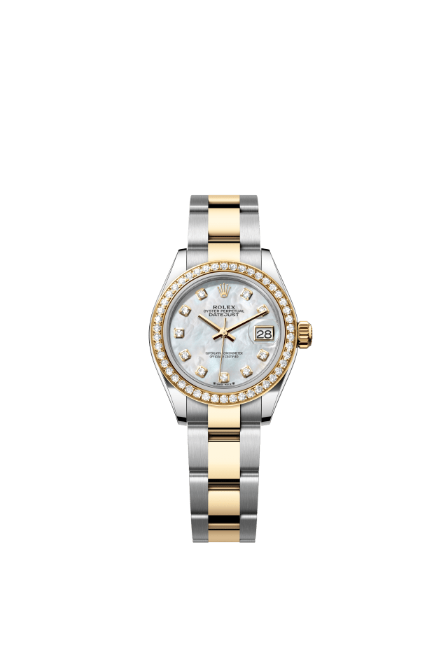 Rolex Lady-Datejust, Oyster, 28 mm, Oystersteel, yellow gold and diamonds, white mother-of-pearl set with diamonds dial