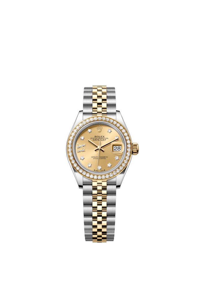 Rolex Lady-Datejust, Oyster, 28 mm, Oystersteel, yellow gold and diamonds, champagne-colour set with diamonds dial