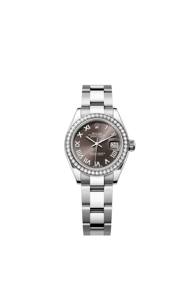 Rolex Lady-Datejust, Oyster, 28 mm, Oystersteel, white gold and diamonds, dark grey dial